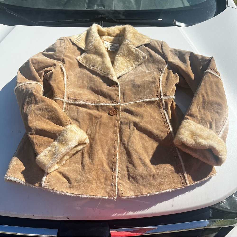 Vtg Y2K New York Classics Penny Lane Taupe Leather Suede & Faux Fur Coat Size XL